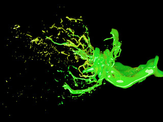 Obraz premium Green wave of paint with splashes on a black background. 3D rendering