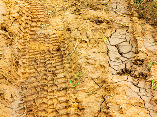 Traces of off-road tires. Cracked earth on country road with traces of tires, cars, cracks and dirt. To use as background.