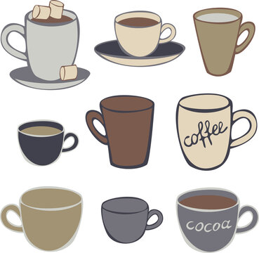 Set of nine different cups. Mugs with coffee and cocoa vector illustration collection. Set for coffee house.