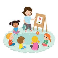 Elementary students and teacher. Children education and upbringing in the kindergarden.