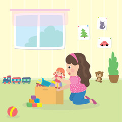 Cute caucasian Girl playing toys. Cartoon Room interior and beauty kid.