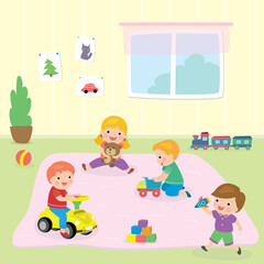 Cute and happy caucasian children playing toys. Various cartoon beauty kids in playroom