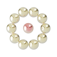 The circle is made of white pearls with a pink pearl in the center. 3D rendering