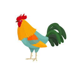 Vector illustration of a rooster in cartoon style with blue feathers. Bright rooster as a symbol or mascot for children's books, clothing design and postcards with letters.