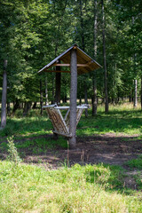 wooden feeder for bison in the forest in the meadow