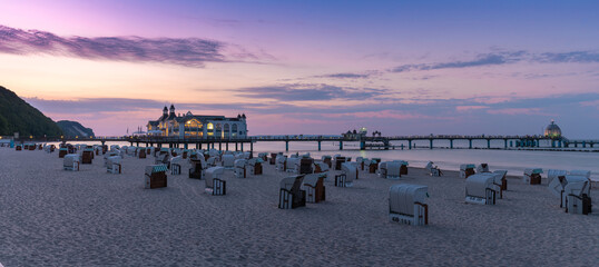 panorama view of the Sellin pier on Ruegen Island on the Baltic Sea at sunset