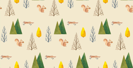 リスとキツネがいる秋冬の森、シームレスパターン。水彩イラスト。