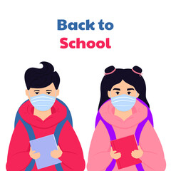 Boy and girl wear face mask protect virus. Kids with backpacks and books ready to go back to school
