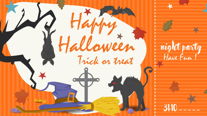 Orange ticket with a breakaway place to enter a holiday party all saints eve Halloween Evil black cat flat vector illustration