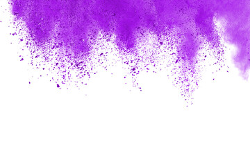 Explosion of purple powder isolated on white background. 