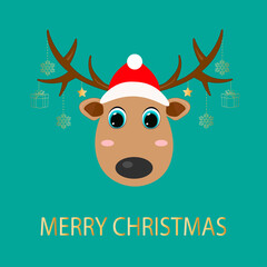 Cute cartoon deer with curly horns, red hat and hanging snowflakes. Can be used for clothing. Use for print, surface design, fashion wear. For design of card and invitation