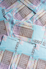 Ukrainian hryvnia in the face value of one thousand hryvnias, the texture of one thousand hryvnia notes on the reverse side.