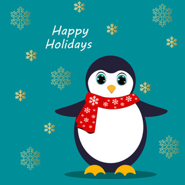 Christmas cartoon penguin. greeting card or Postcard. Funny happy abstract animal character. Cute hand drawn flat penguin. Isolated vector illustration