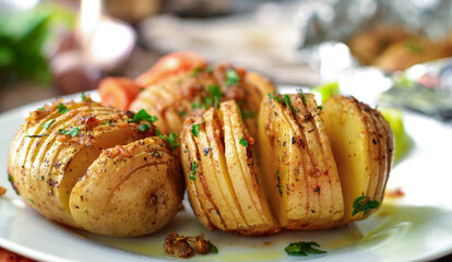 Baked potatoes with carrots. White plate. Wooden background. Delicious and healthy lunch. Hasselback potatoes. Close up