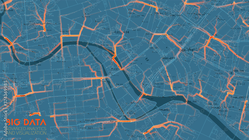  big data traffic analysis in modern city. abstract road capacity limits visualization. car routes ne