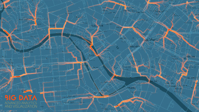 Big data traffic analysis in modern city. Abstract road capacity limits visualization. Car routes net graphic. Urban infrastructure analysis. Complex geospatial data. Visual information complexity.
