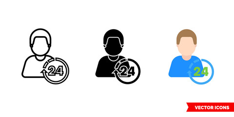 Round the clock support icon of 3 types color, black and white, outline. Isolated vector sign symbol.