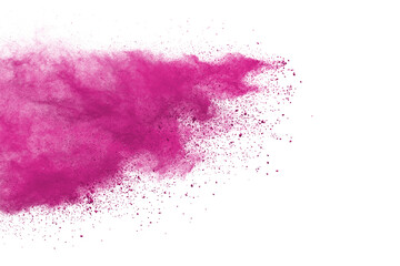 Pink powder explosion on white background. Paint Holi.