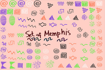 Set of Memphis-style graphic elements. Hand drawn in color and black and white. Vector illustration. For interior design, packaging design.