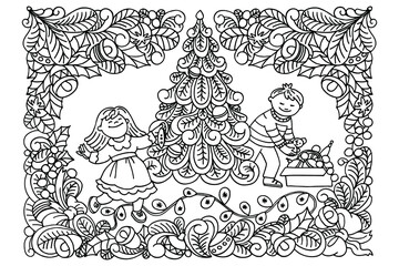 coloring book, children, boy and girl, decorate the Christmas tree, around the ornament from New Year's motives, black and white drawing, sketch, hand-drawn, vector illustration