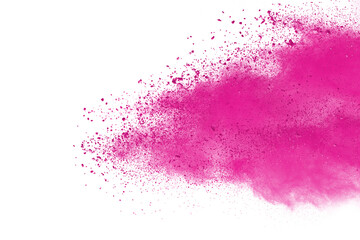 Pink powder explosion on white background. Paint Holi.