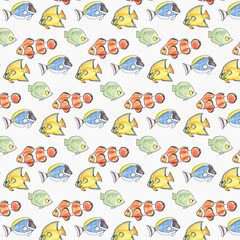 Hand drawn seamless pattern with colorful fishes on a white background.