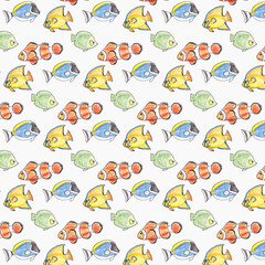 Obraz premium Hand drawn seamless pattern with colorful fishes on a white background.