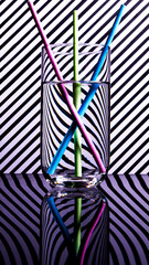 Coloured straws as seen through  glass of water with lined background