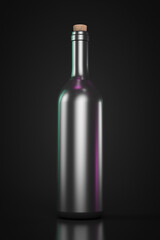 Black wine bottle with cork on black background.