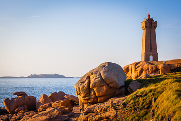 Old lighthouse at the Cote de Granit Rose at the coast of Brittnay, France
