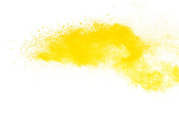 Yellow powder explosion isolated on white background.