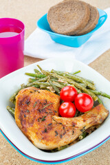 Chicken drumstick, green beans and cherry tomatoes