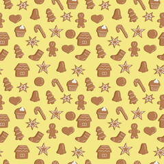 New Year and Christmas cookies seamless pattern, vector illustration, hand drawing, yellow background