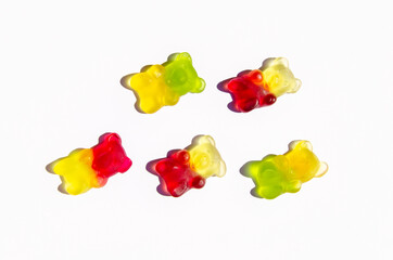 Sweet candy jelly bears of multicolor isolated on white background