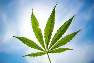 Cannabis leaf against a blue summer sky