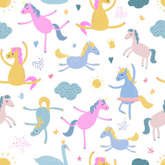cute baby seamless pattern with unicorns, ponies, horses on white background. Good for textile prints, wrapping paper, packaging, scrapbooking, stationery, etc.