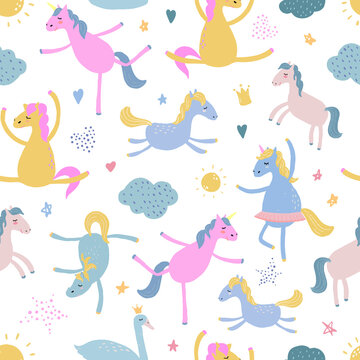 cute baby seamless pattern with unicorns, ponies, horses on white background. Good for textile prints, wrapping paper, packaging, scrapbooking, stationery, etc.