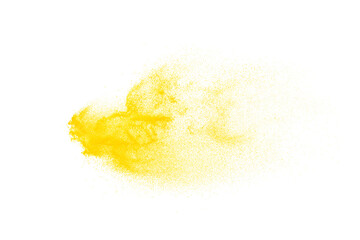 Yellow powder explosion isolated on white background.