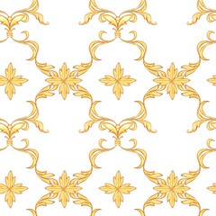 Seamless golden baroque pattern with gold scrolls on white background.