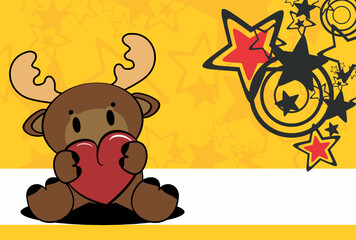 Chibi sitting baby moose kawaii cartoon holding heart valentine background in vector format