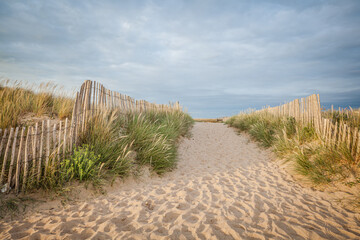 Wooden Fence at a sandy beach in Brittany, France - obrazy, fototapety, plakaty