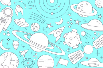 Modern pattern of planet, star, comet, with different rockets. Universe line drawings. Cosmos. Trendy space signs, constellation, moon. Outline, doodle style, icon, sketch. on blue background.