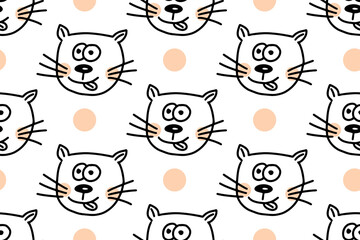 Hand drawn lines cartoon cat. Pet animal vector illustration with doodle kittens. For your fabric, textile design, wrapping paper or wallpaper.