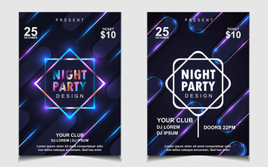 Night dance party electro and music cover design template background with elegant style neon color. Colorful light style vector for concert disco, club party, event flyer invitation, festival poster
