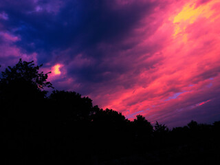 Obraz premium Dramatic Pink, Orange and Blue Cloudscape over the Forest at Twilight