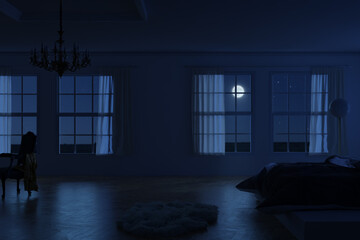 3d rendering of classic bedroom apartment in the moonlight