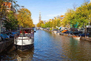 Old freight ships in the Grachten of Amsterdam, Netherland