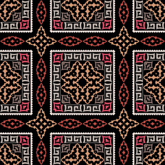 Plaid greek vector seamless pattern. Abstract tribal ethnic arabesque style  background. Repeat colorful backdrop with squares, frames, borders, lines, shapes. Greek key geometric tartan ornaments