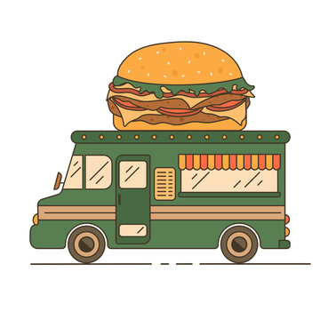 Green food truck with american double burger