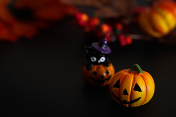 ハロウィンのイメージ素材　黒地にカボチャのクローズアップ　秋の葉と木の実などの背景ぼかし